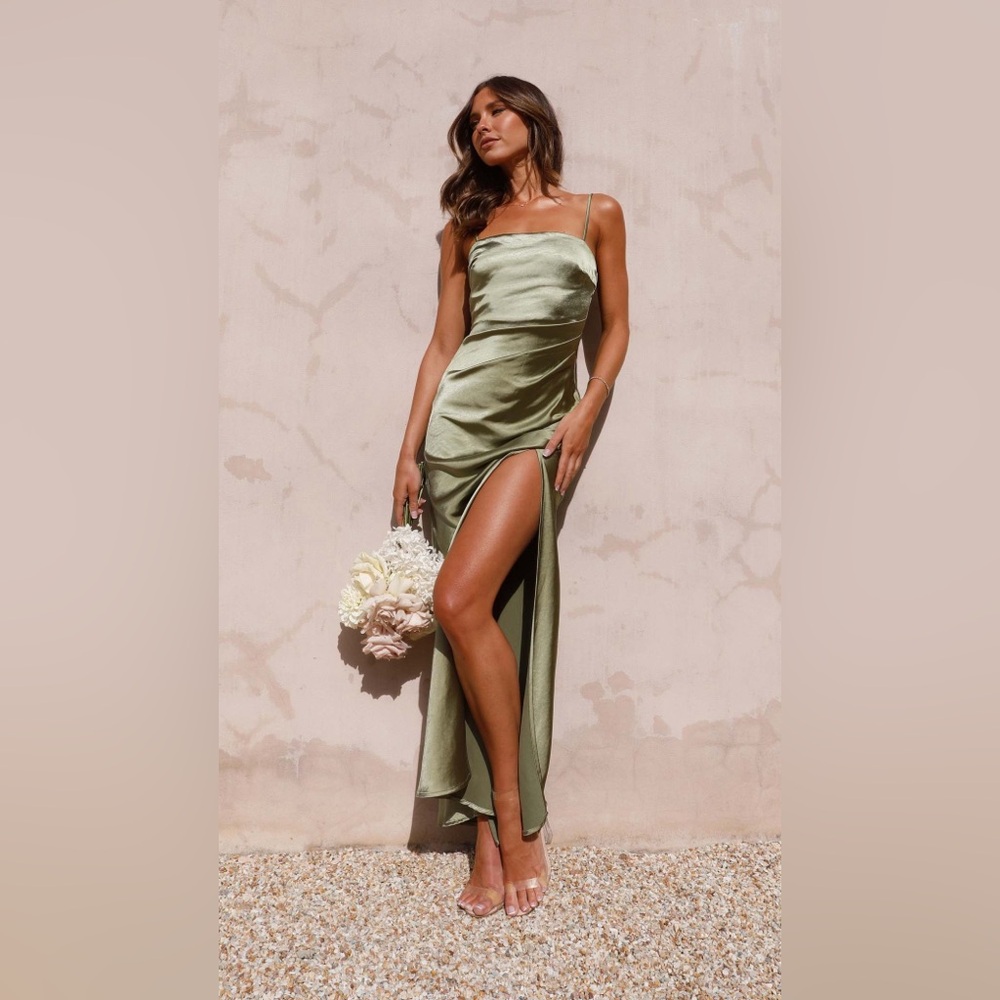 NWT Lelonys Satin Julia Maxi Dress in Olive
